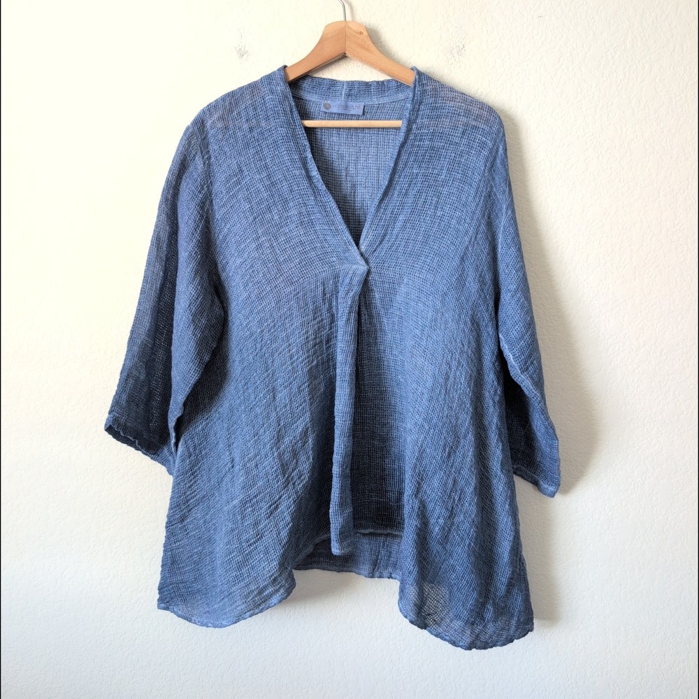 Cobblestone Living Blue Linen Cotton Gauze V-Neck Top Made in Italy OS Lagenlook